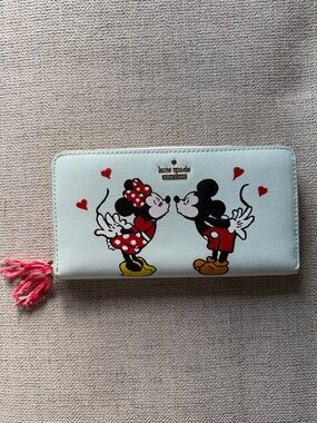 Kate Spade Light Blue Wallet Mickey & Minnie Kiss Zip w Pink Tassel Handpainted